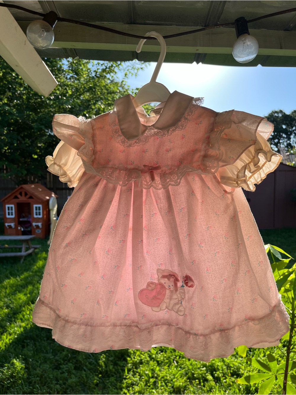 Vintage Mayfair Pink Baby Dress with Ruffle Sleeves and Bear Applique